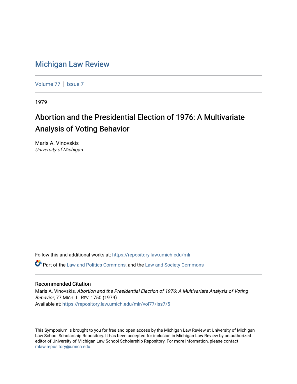 Abortion and the Presidential Election of 1976: a Multivariate Analysis of Voting Behavior