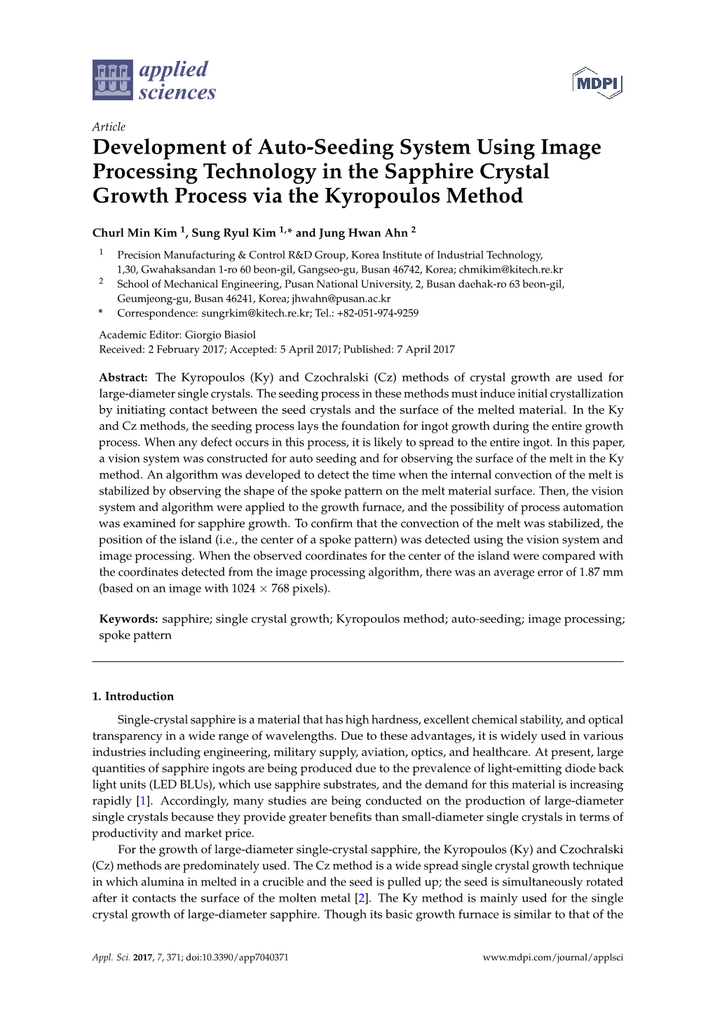 Development of Auto-Seeding System Using Image Processing Technology in the Sapphire Crystal Growth Process Via the Kyropoulos Method