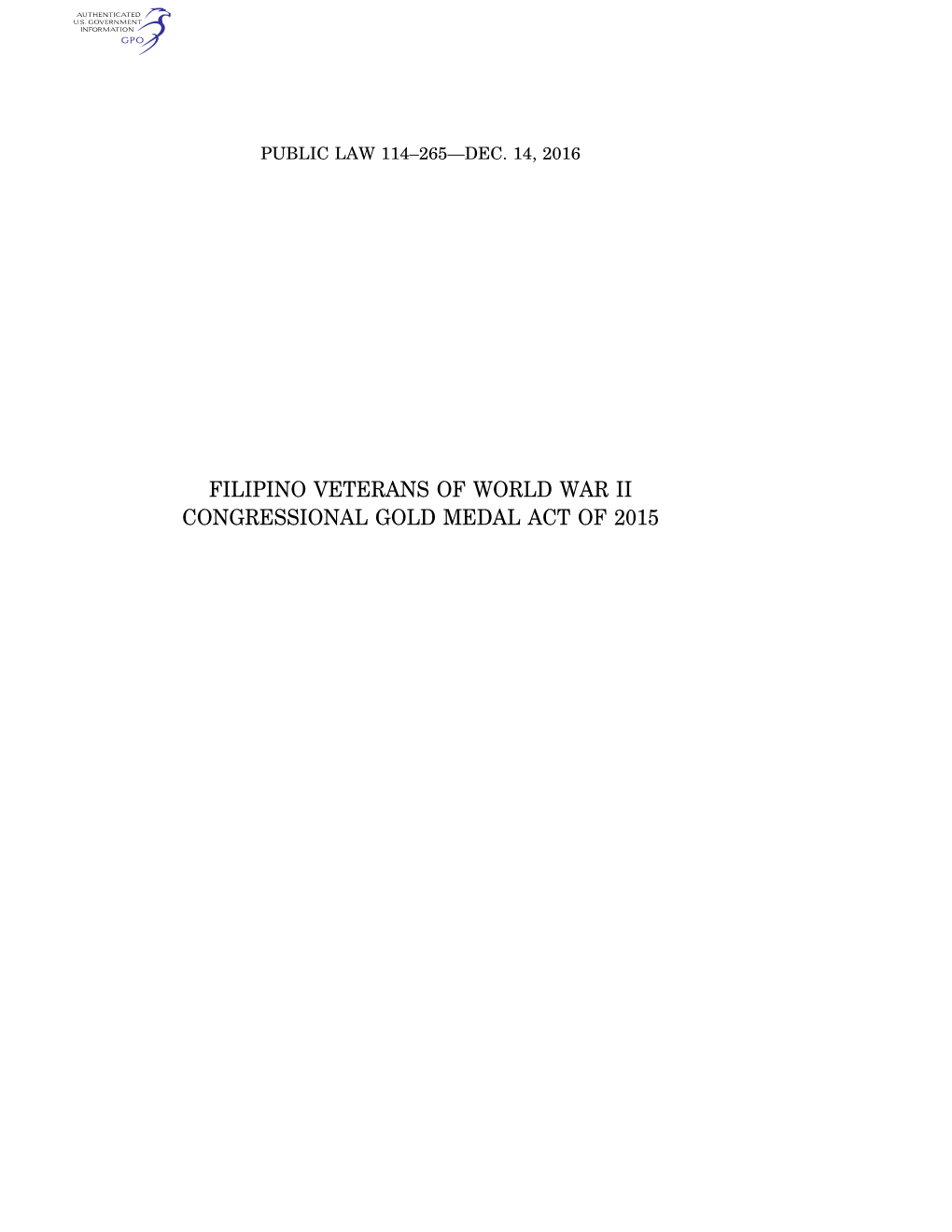 Filipino Veterans of World War Ii Congressional Gold Medal Act of 2015