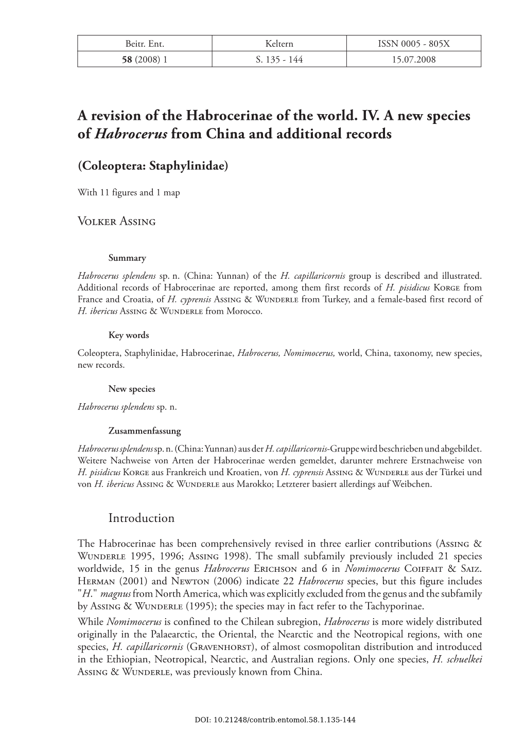 A Revision of the Habrocerinae of the World. IV. a New Species of Habrocerus from China and Additional Records