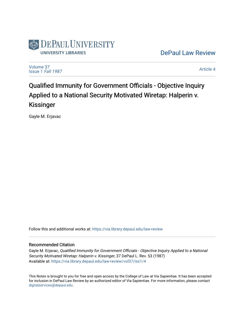 Qualified Immunity for Government Officials - Objective Inquiry Applied to a National Security Motivated Wiretap: Halperin V