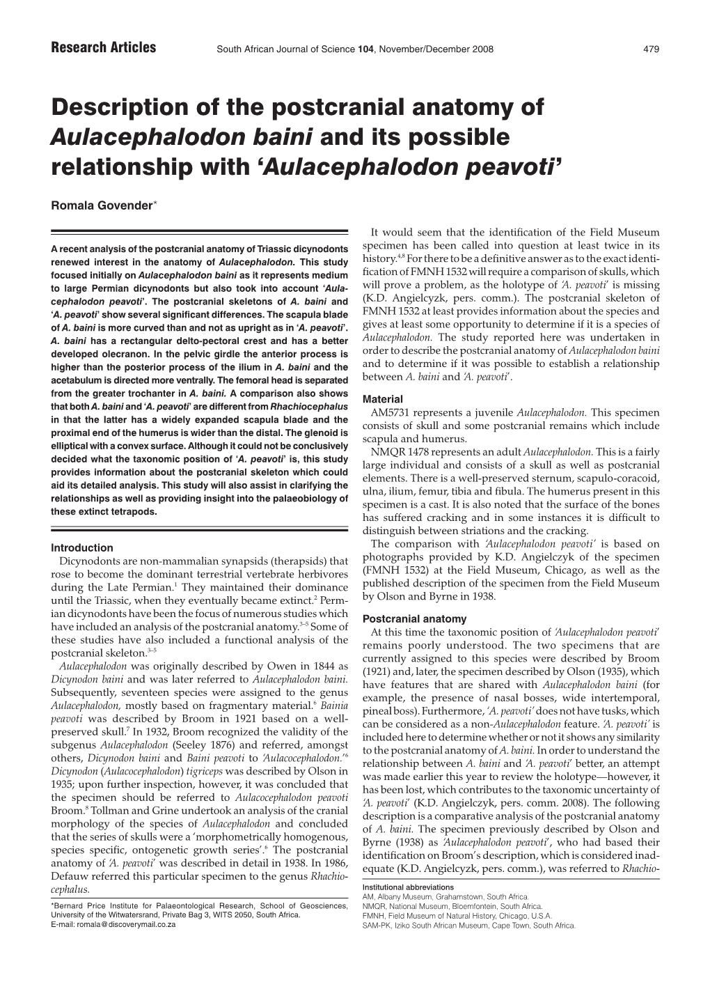 Description of the Postcranial Anatomy of Aulacephalodon Baini and Its Possible Relationship with ‘Aulacephalodon Peavoti’