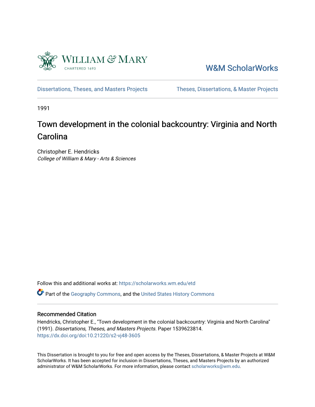 Town Development in the Colonial Backcountry: Virginia and North Carolina
