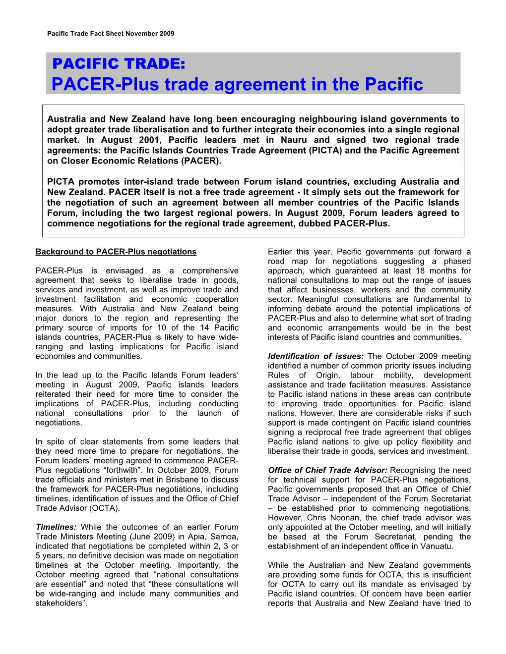 PACER-Plus Trade Agreement in the Pacific