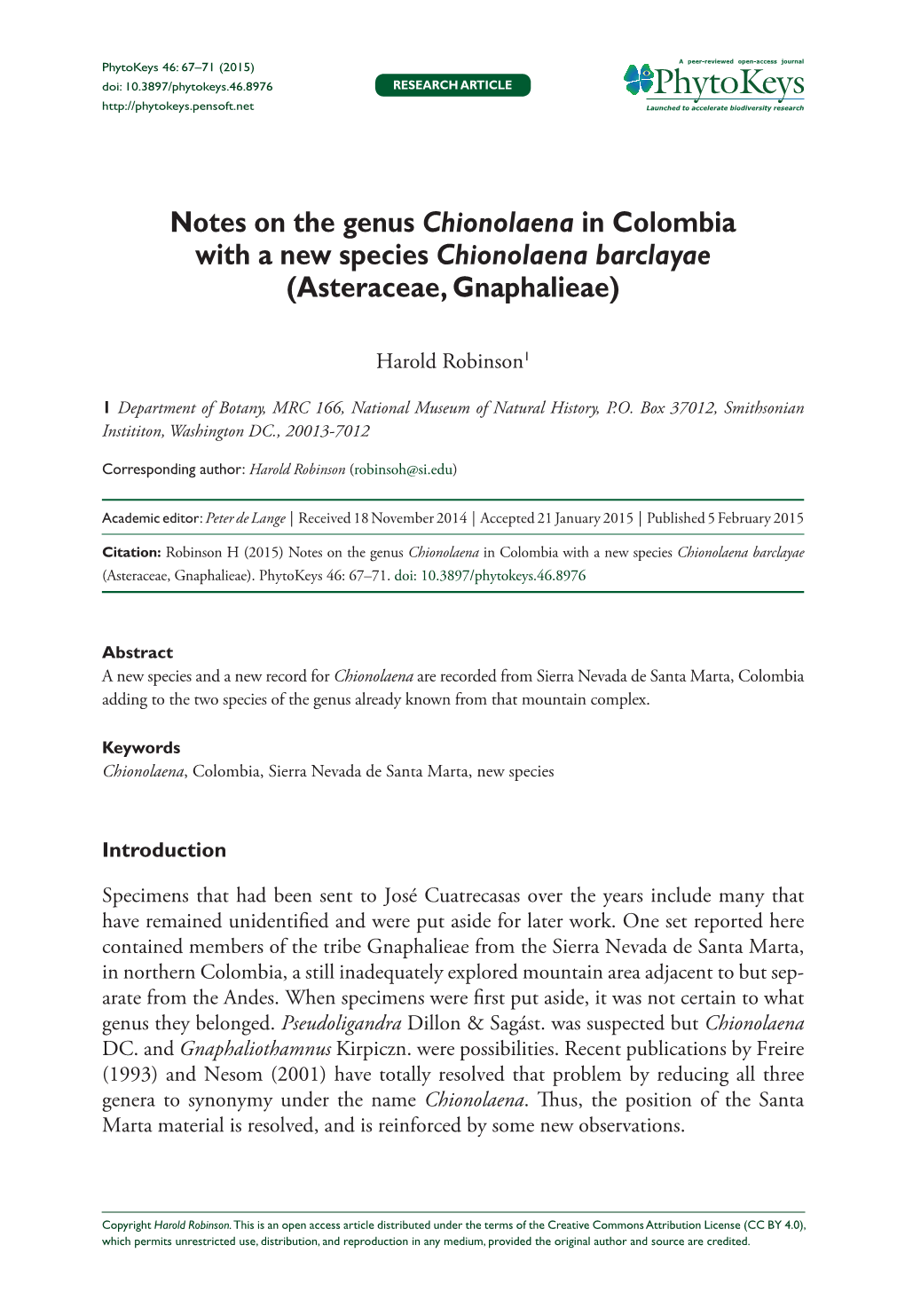 Notes on the Genus Chionolaena in Colombia with a New Species Chionolaena Barclayae (Asteraceae, Gnaphalieae)