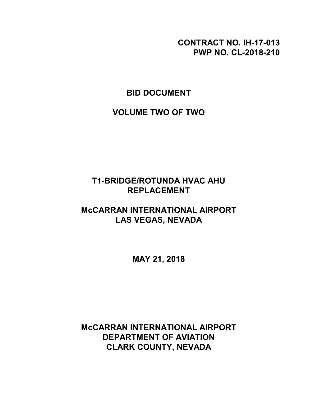 Contract No. Ih-17-013 Pwp No. Cl-2018-210 Bid Document