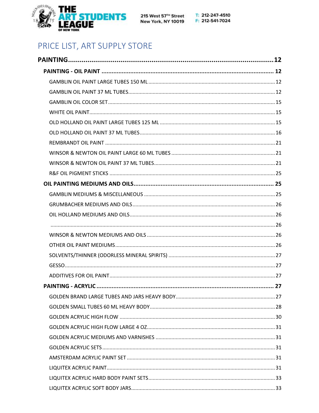 Price List, Art Supply Store