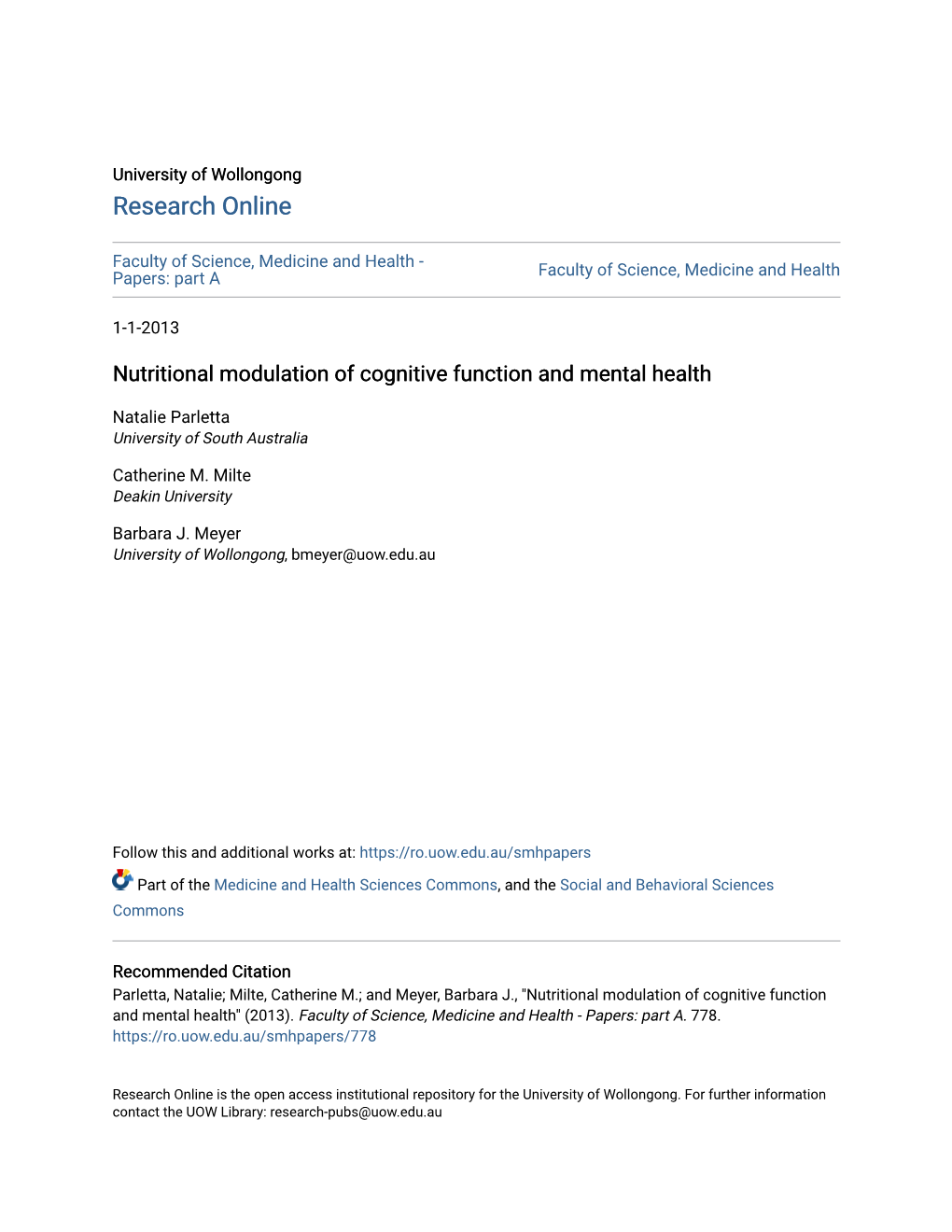 Nutritional Modulation of Cognitive Function and Mental Health