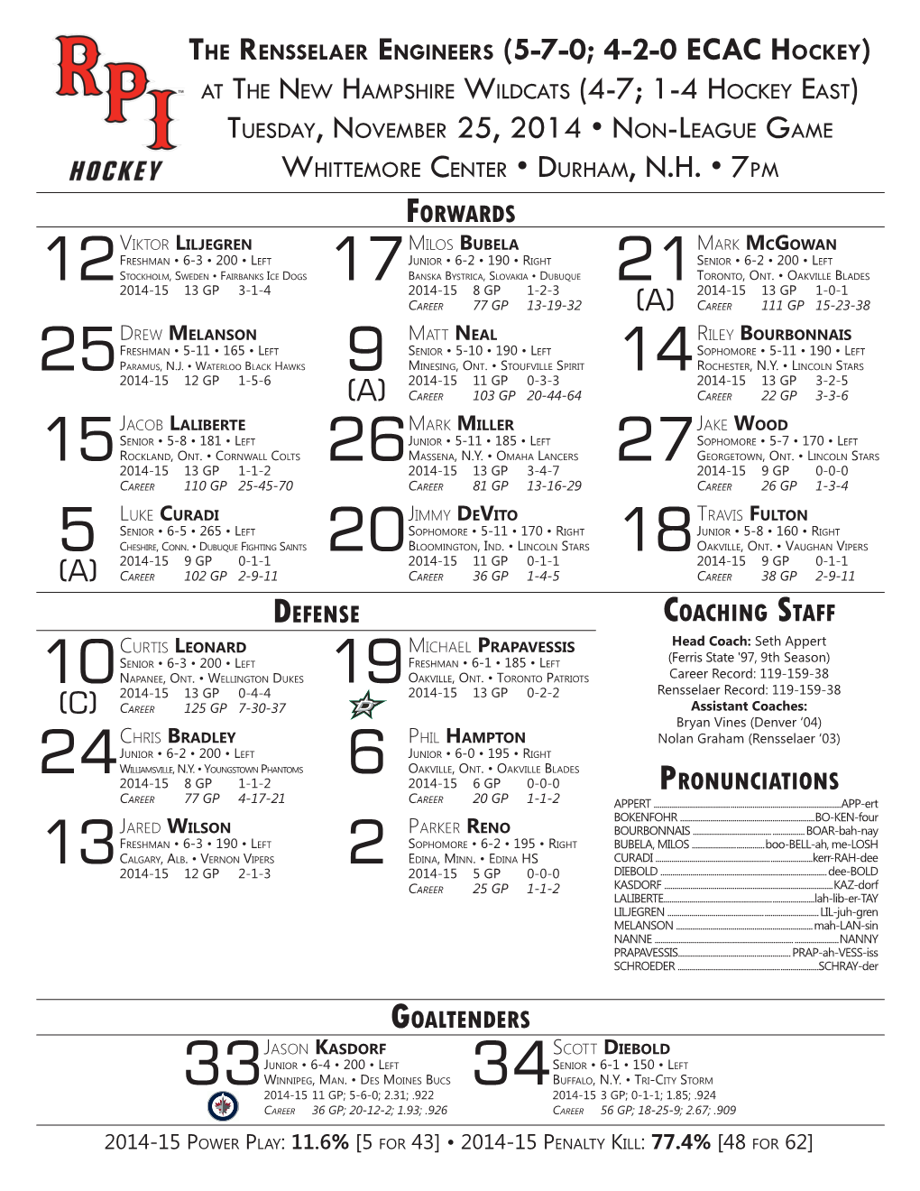 At the New Hampshire Wildcats (4-7; 1-4 Hockey East) Tuesday, November 25, 2014 • Non-League Game Whittemore Center • Durham, N.H