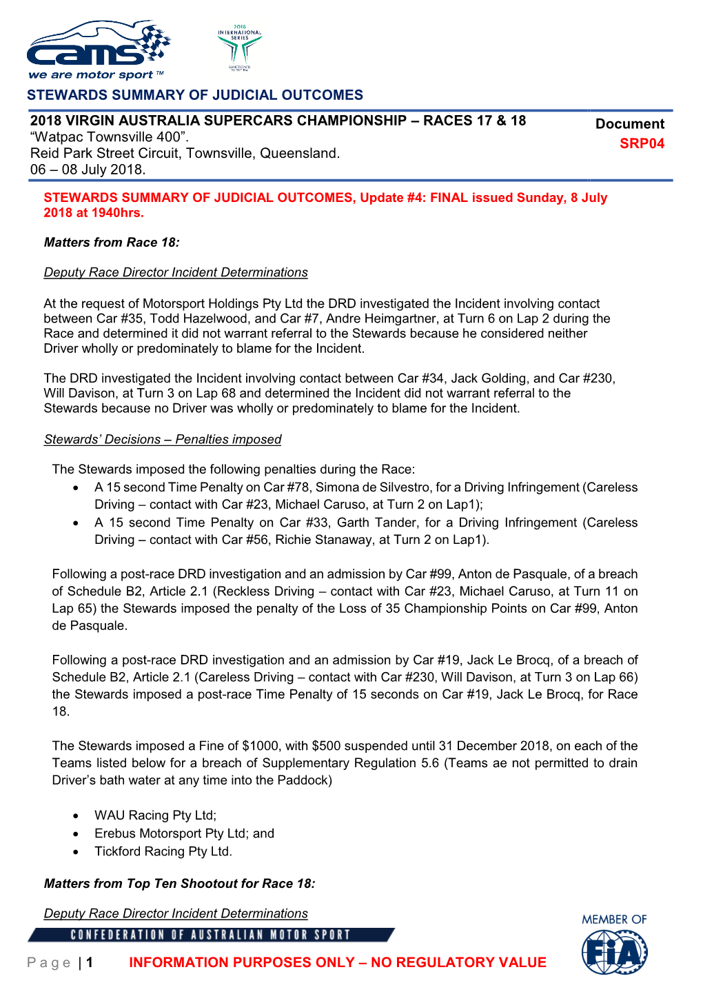 STEWARDS SUMMARY of JUDICIAL OUTCOMES Page | 1