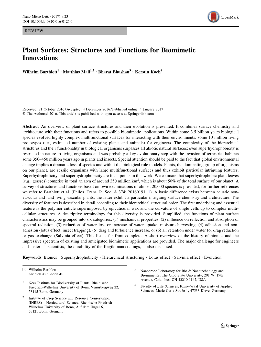 Plant Surfaces: Structures and Functions for Biomimetic Innovations