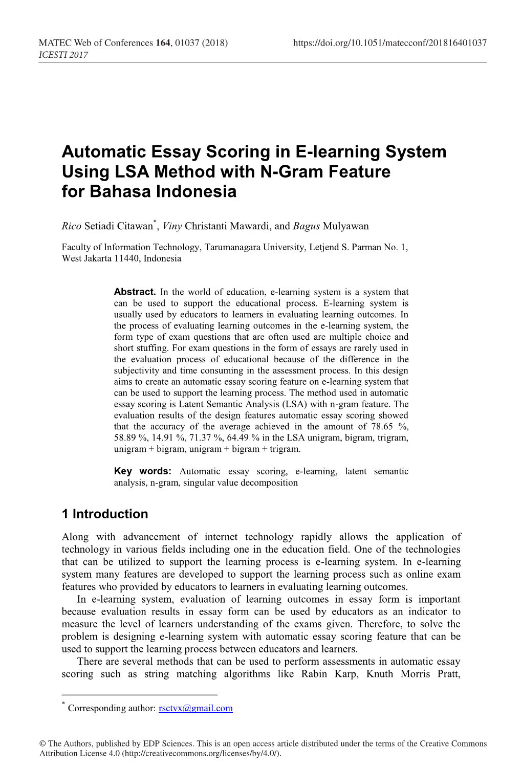 Automatic Essay Scoring in E-Learning System Using LSA Method with N-Gram Feature for Bahasa Indonesia