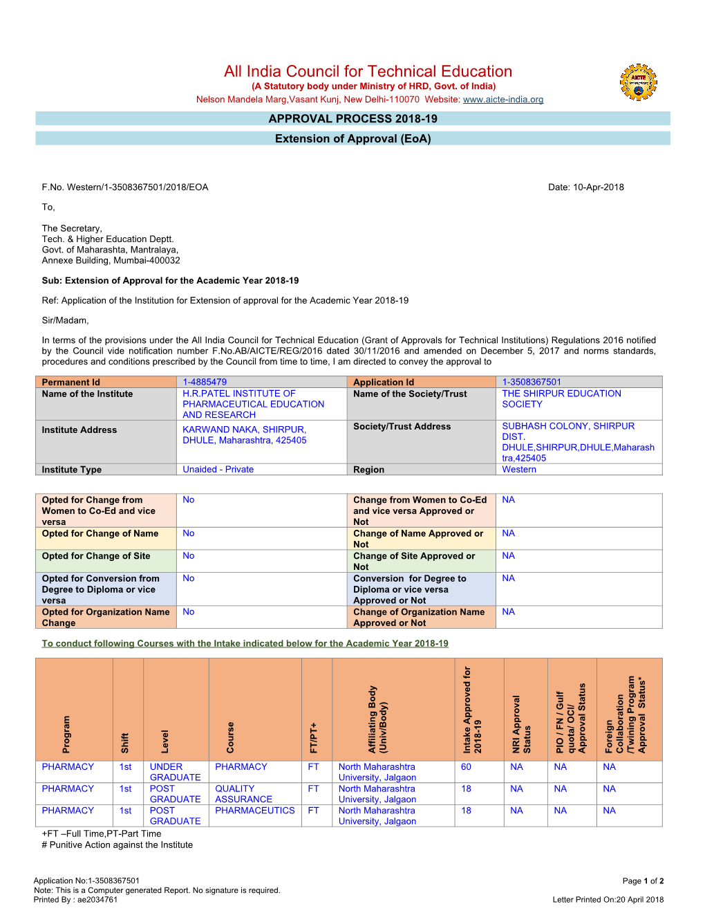 India Council for Technical Education (A Statutory Body Under Ministry of HRD, Govt