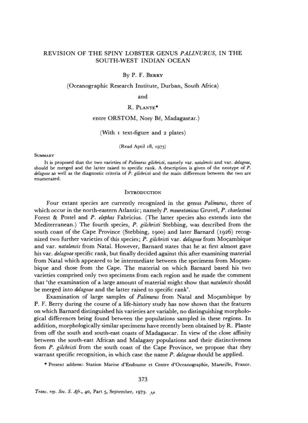 Revision of the Spiny Lobster Genus Palinurus, in the South-West Indian Ocean