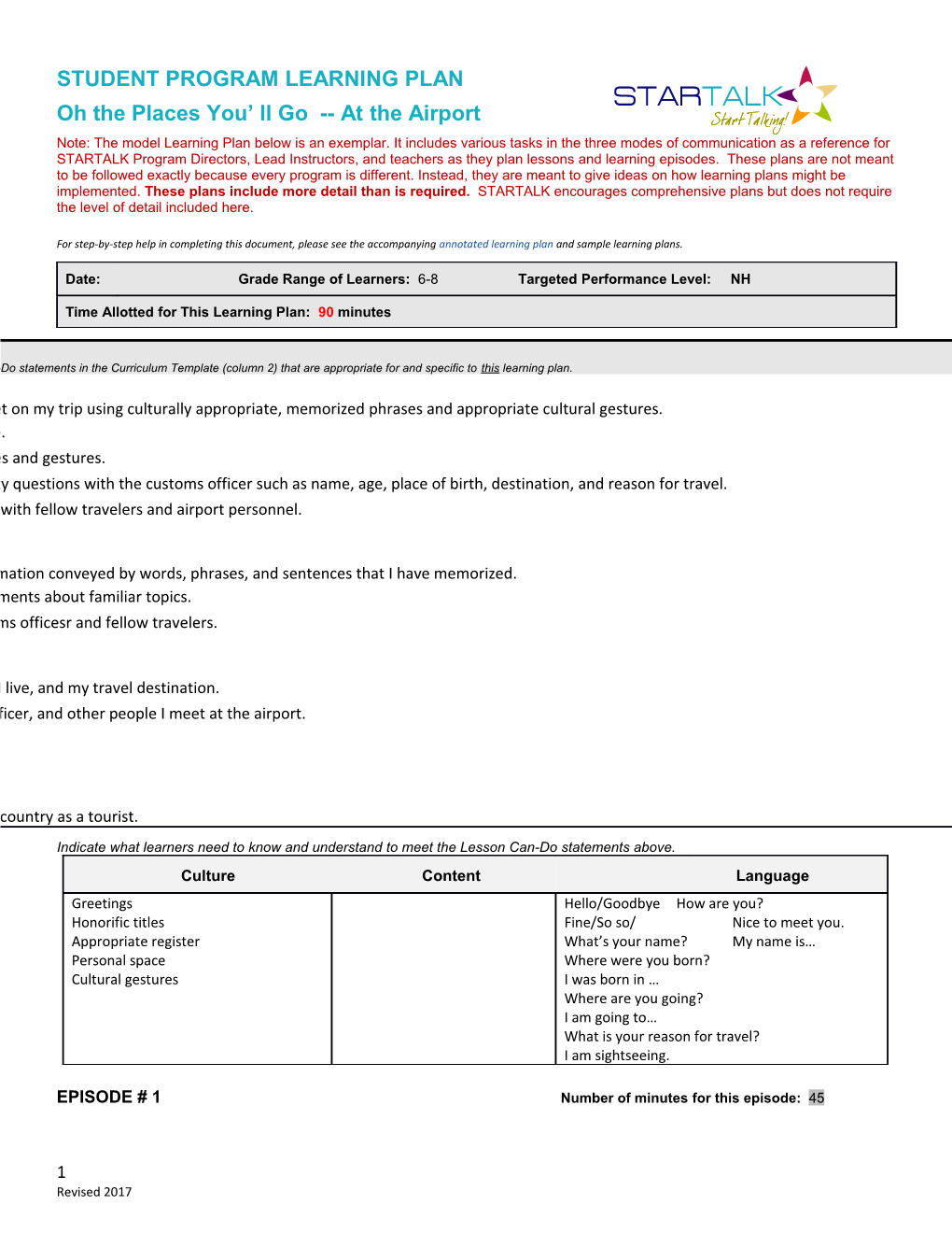 Oh the Places We'll Go Grade 6-8 Model Learning Plan