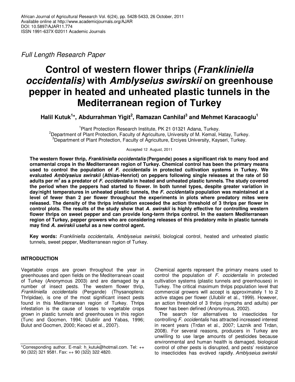 Frankliniella Occidentalis) with Amblyseius Swirskii on Greenhouse Pepper in Heated and Unheated Plastic Tunnels in the Mediterranean Region of Turkey