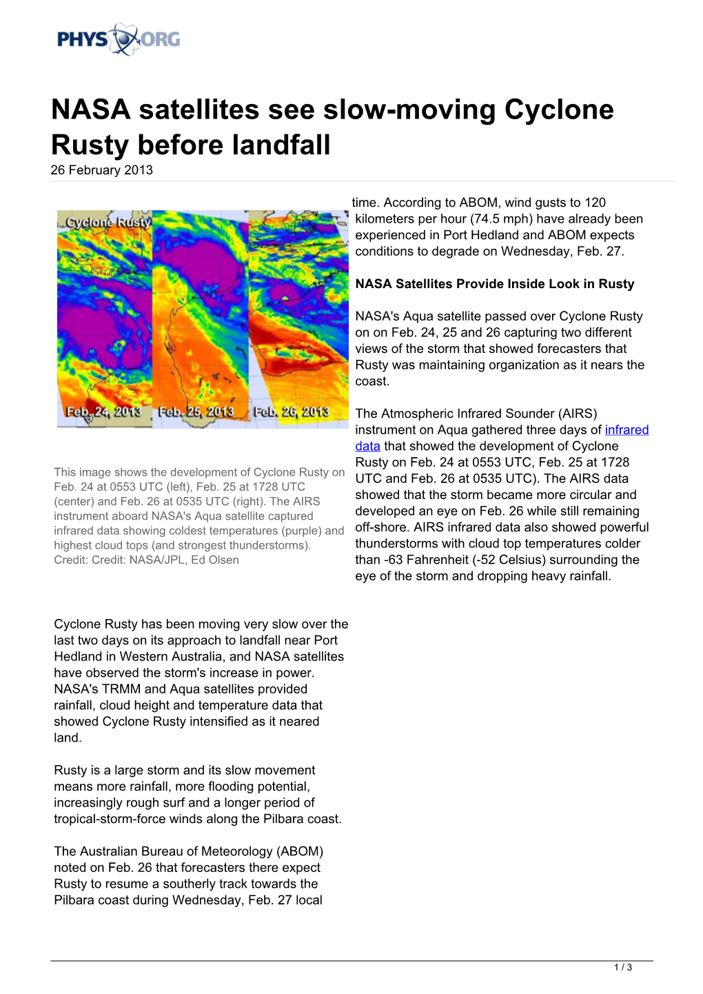 NASA Satellites See Slow-Moving Cyclone Rusty Before Landfall 26 February 2013