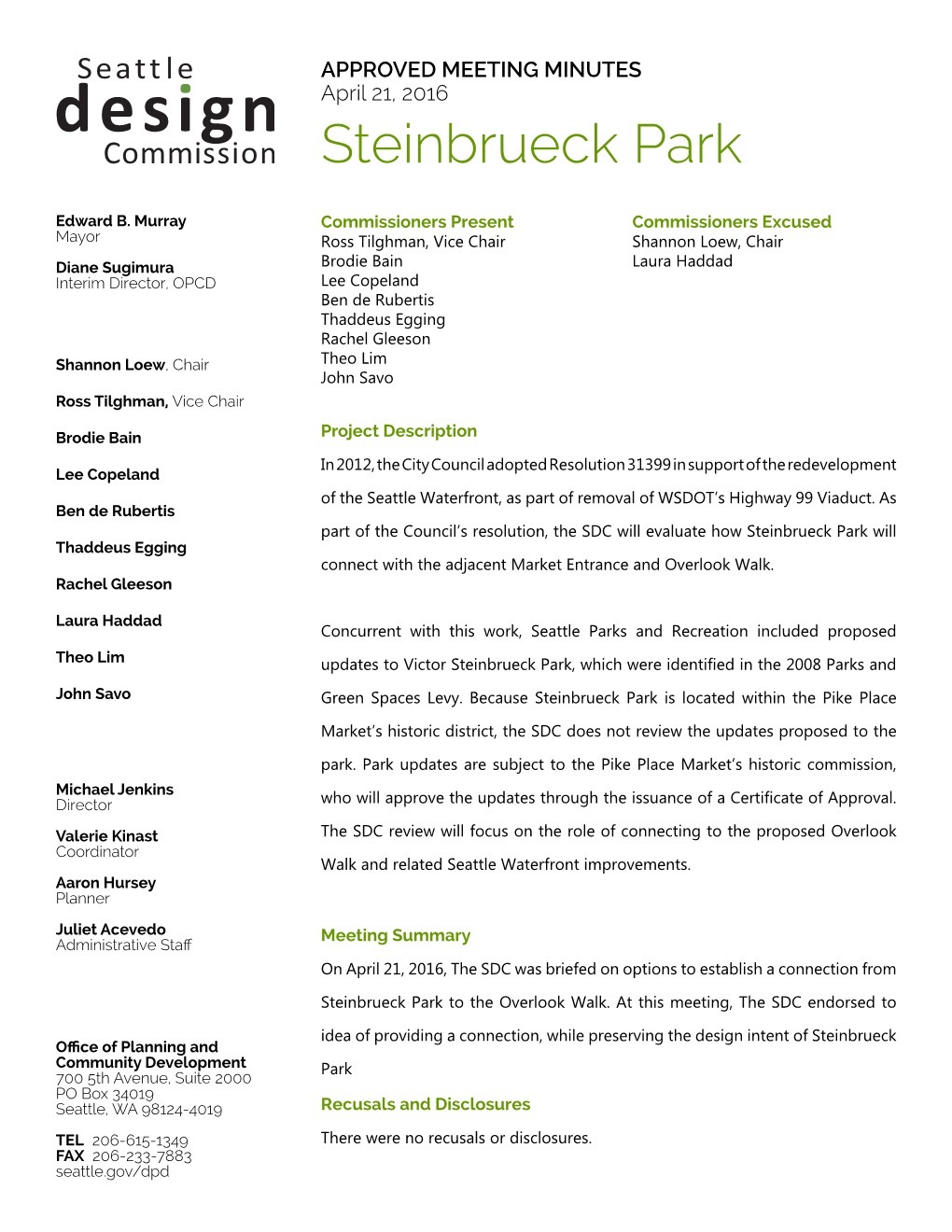 Seattle Design Commission Steinbrueck Park