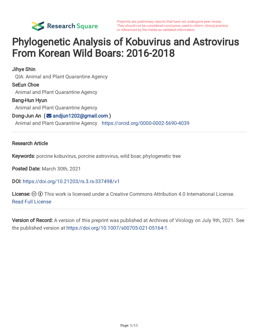 Phylogenetic Analysis of Kobuvirus and Astrovirus from Korean Wild Boars: 2016-2018