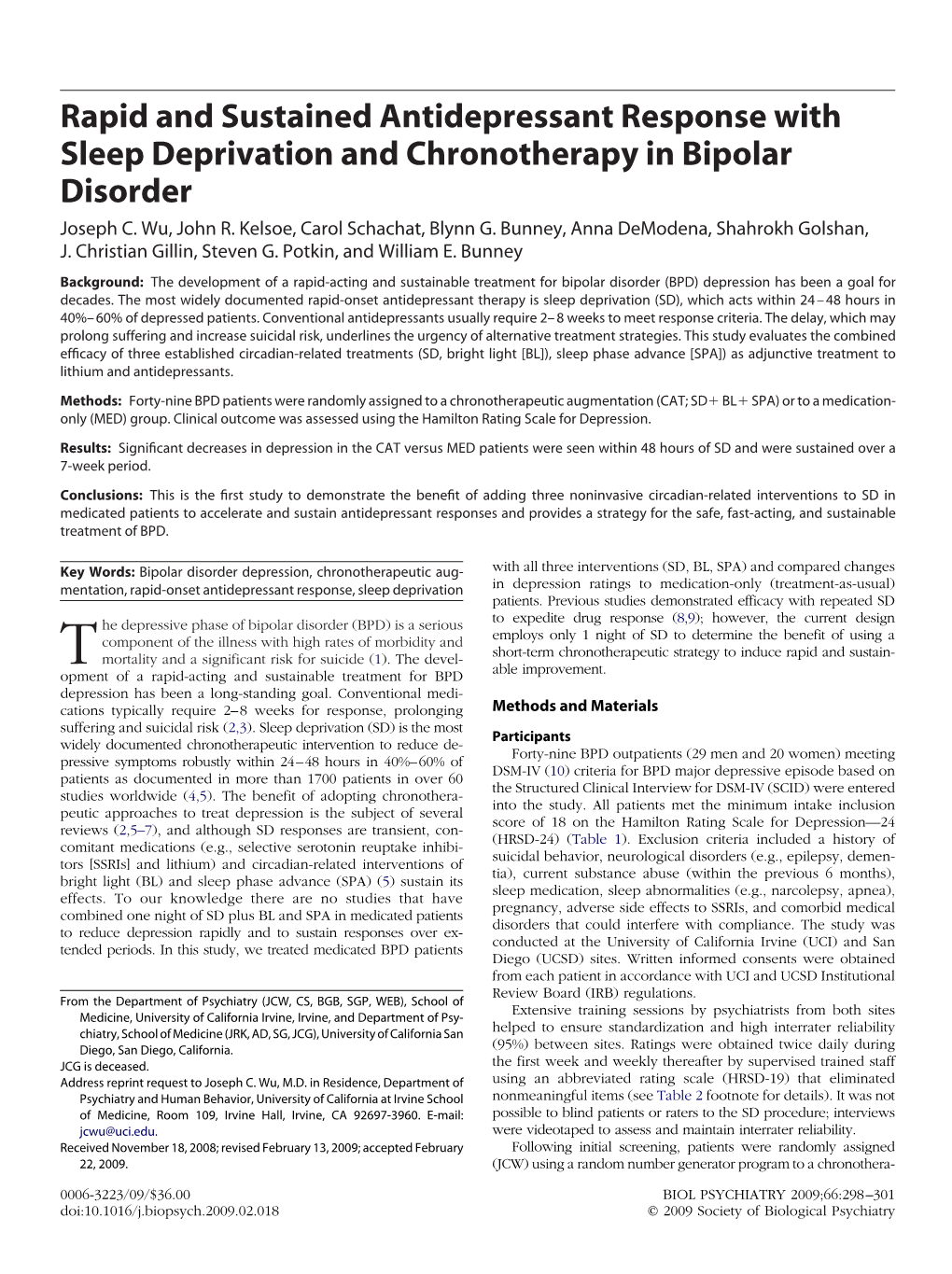 Rapid and Sustained Antidepressant Response with Sleep Deprivation and Chronotherapy in Bipolar Disorder Joseph C