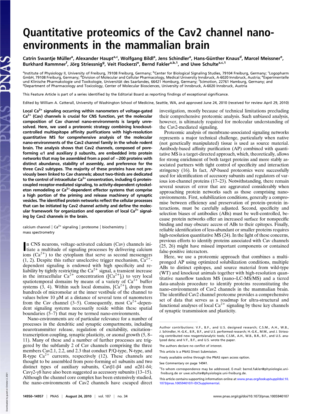 Quantitative Proteomics of the Cav2 Channel Nano- Environments in the Mammalian Brain