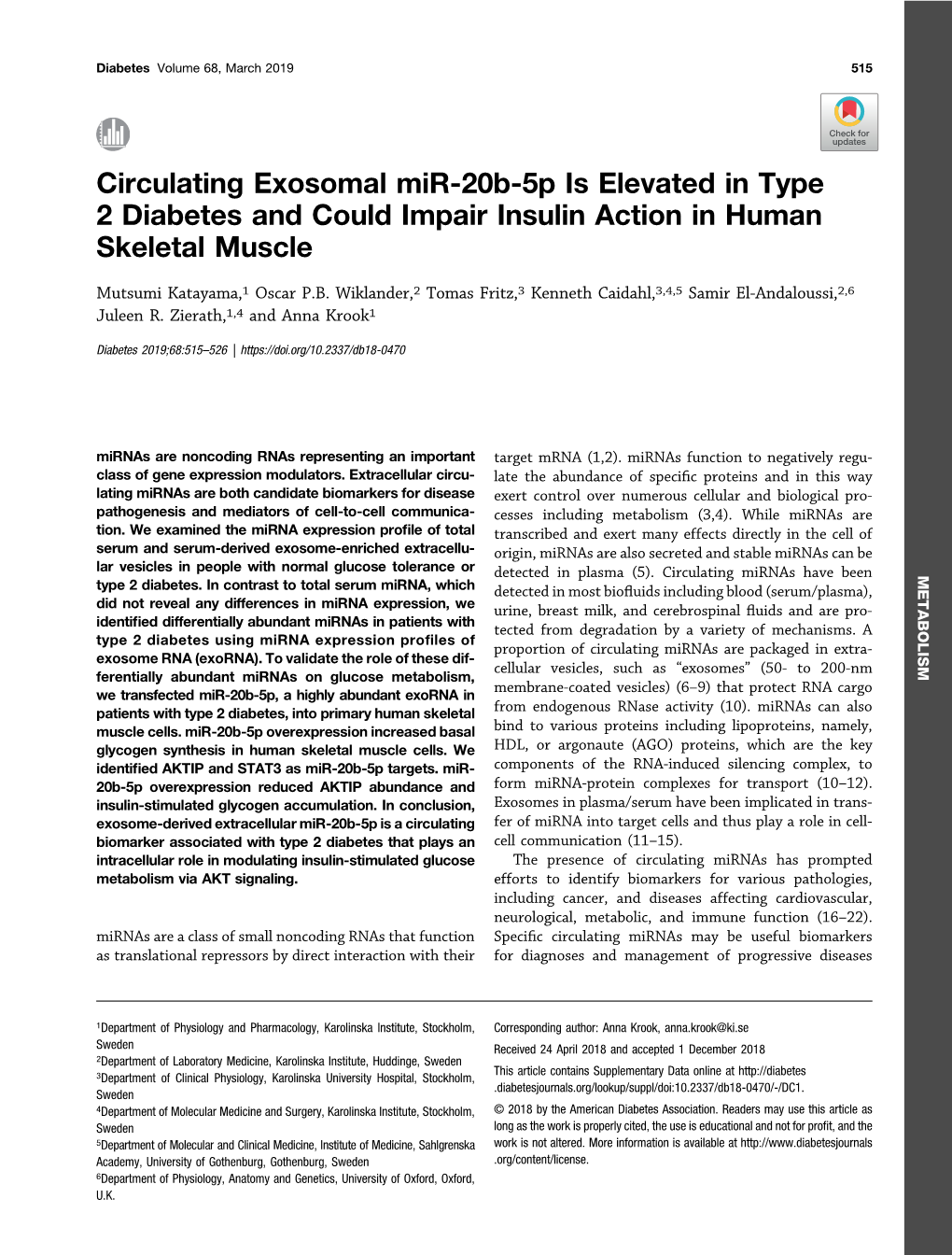 Circulating Exosomal Mir-20B-5P Is Elevated in Type 2 Diabetes and Could Impair Insulin Action in Human Skeletal Muscle