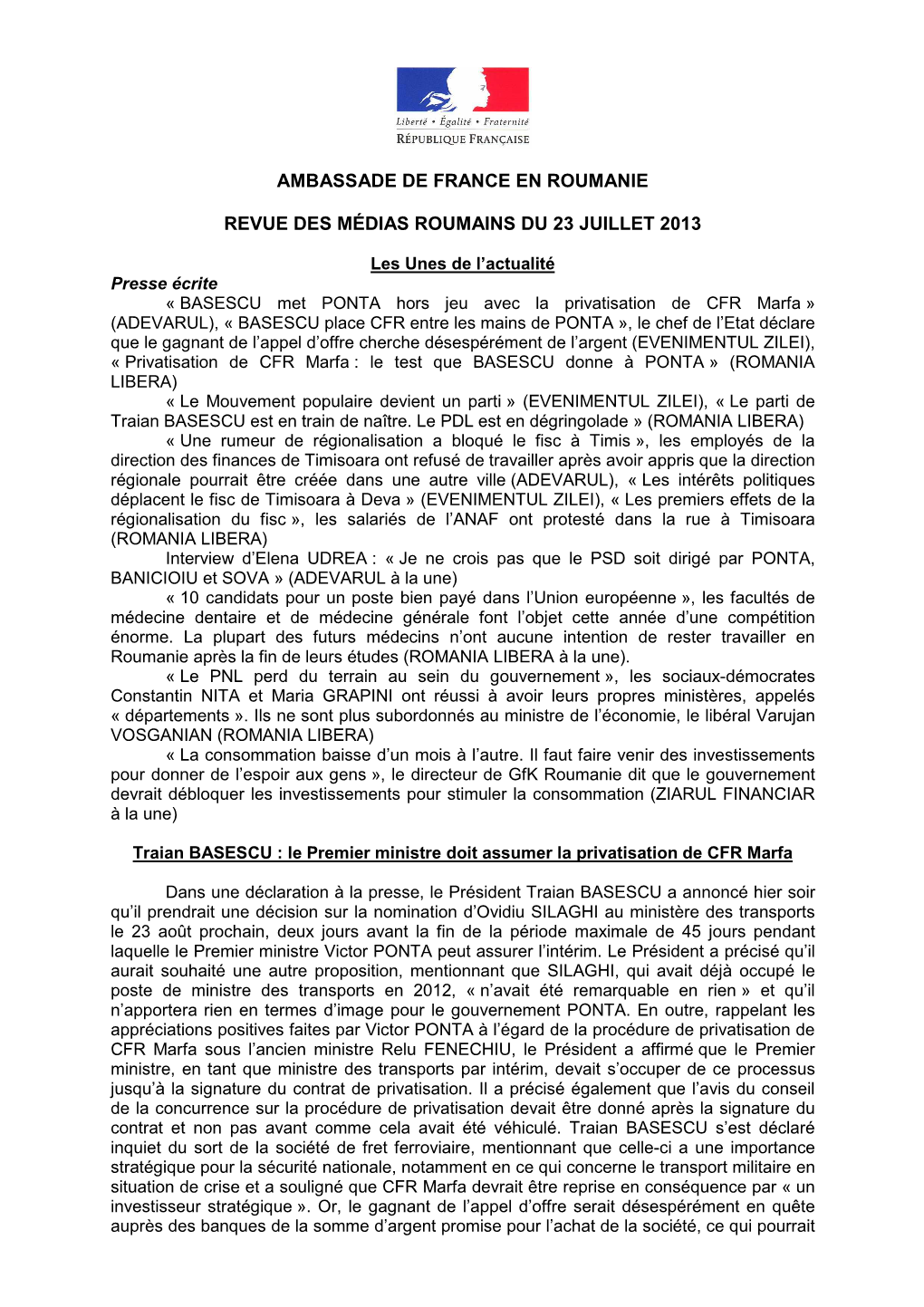 Ambassade De France En Roumanie Revue Des Médias
