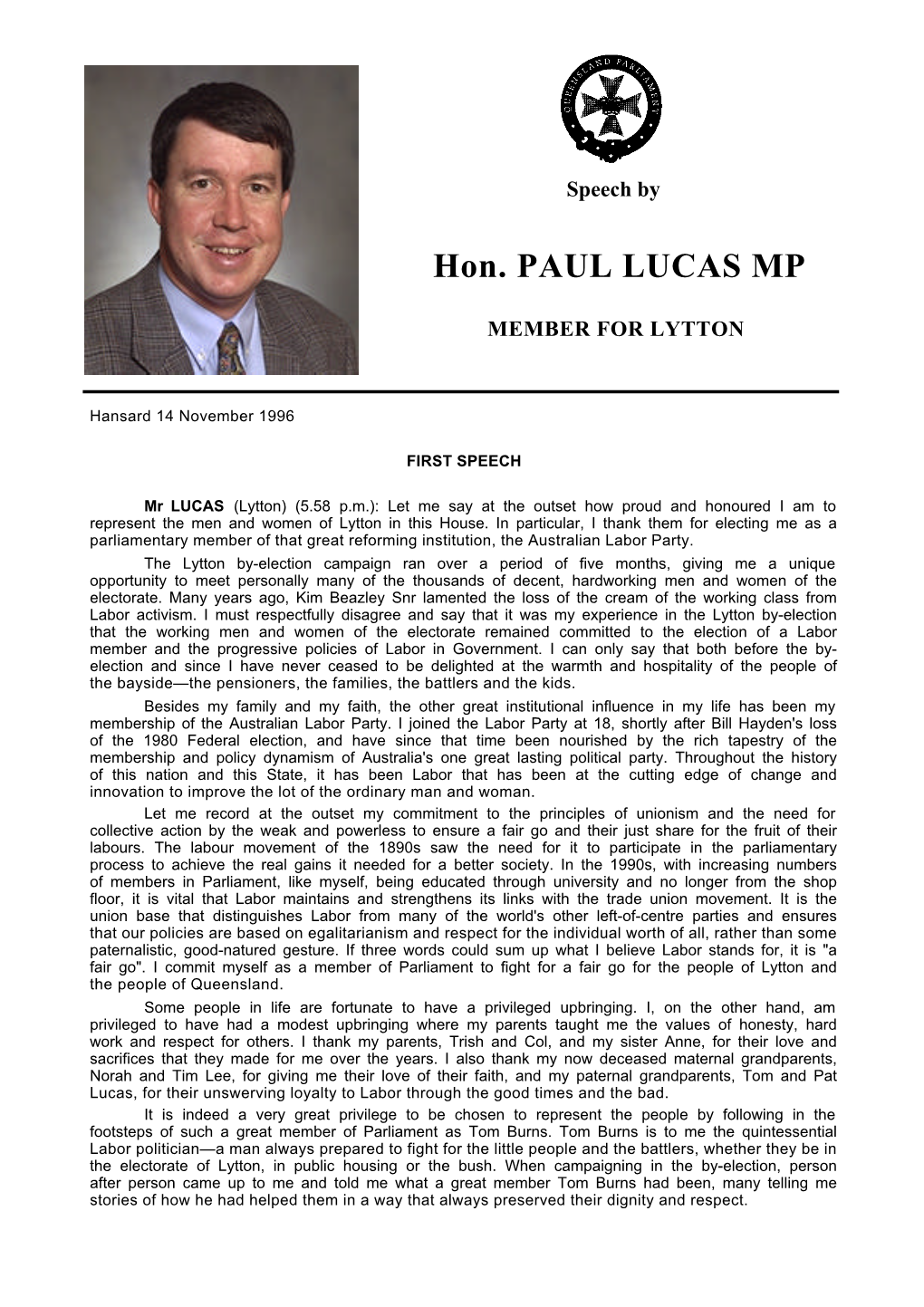 Hon. PAUL LUCAS MP