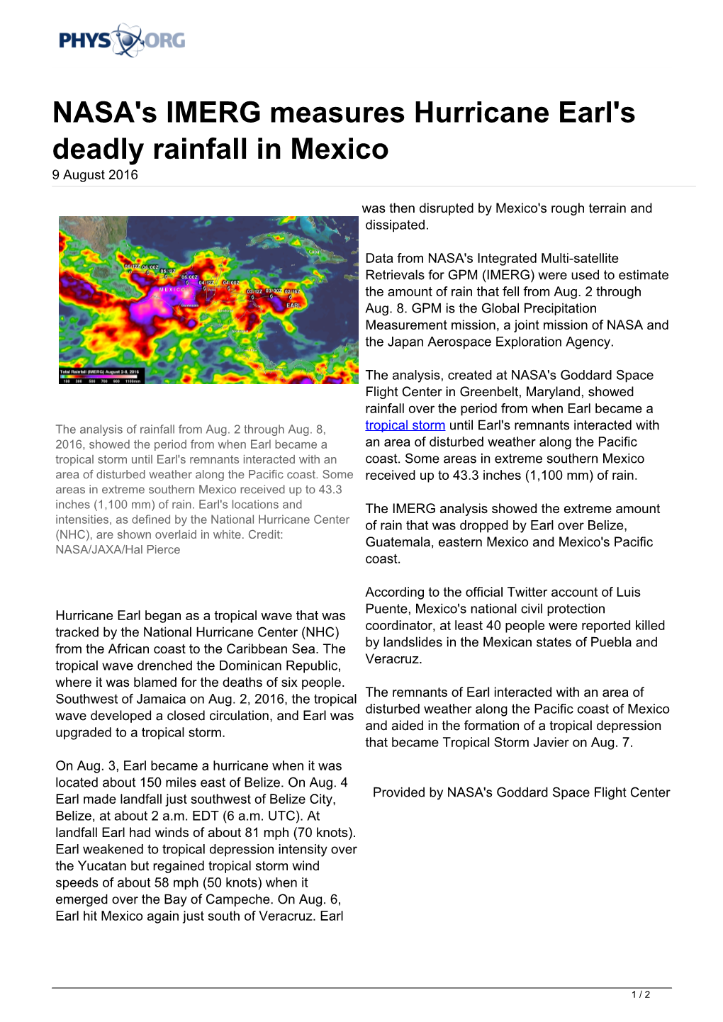 NASA's IMERG Measures Hurricane Earl's Deadly Rainfall in Mexico 9 August 2016
