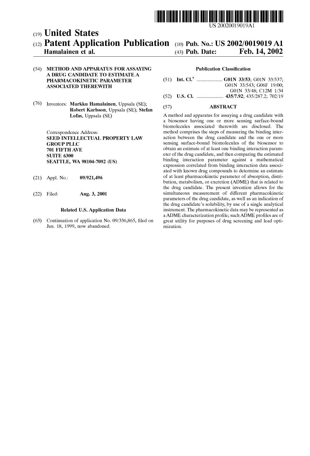 (12) Patent Application Publication (10) Pub. No.: US 2002/0019019 A1 Hamalainen Et Al