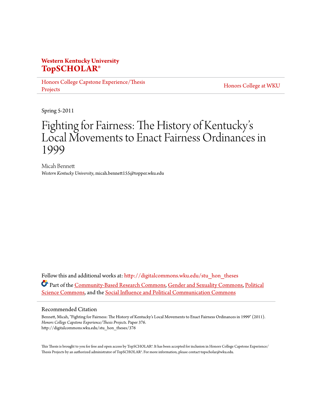 Fighting for Fairness: the History of Kentucky's Local Movements to Enact Fairness Ordinances in 1999