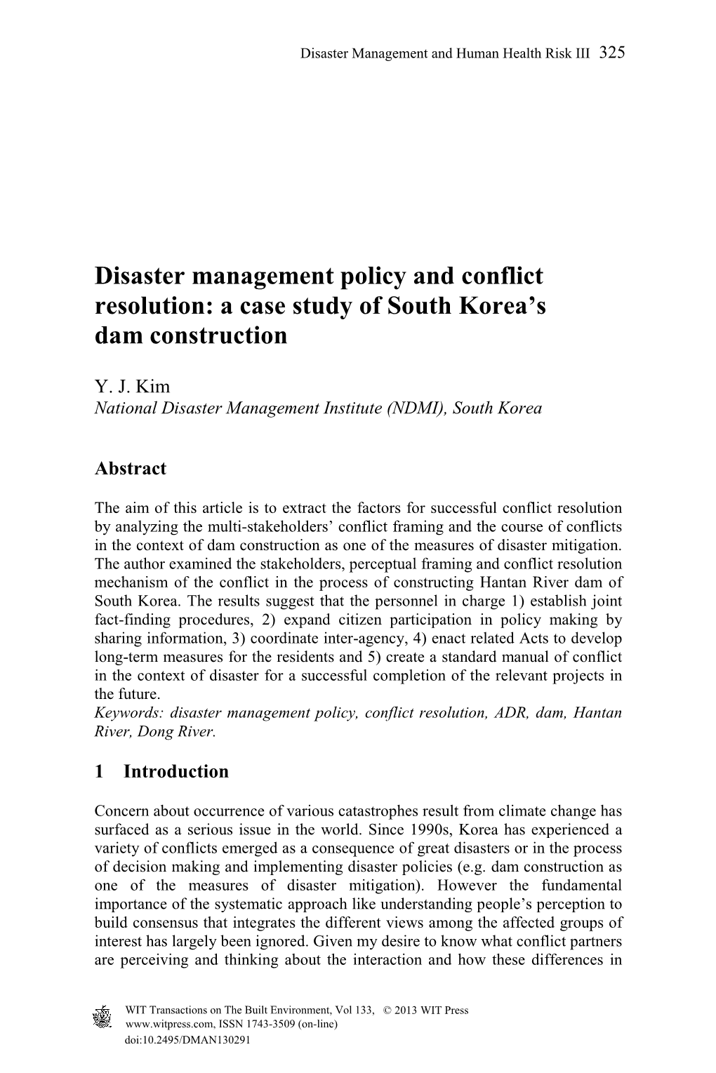 Disaster Management Policy and Conflict Resolution: a Case Study of South Korea’S Dam Construction