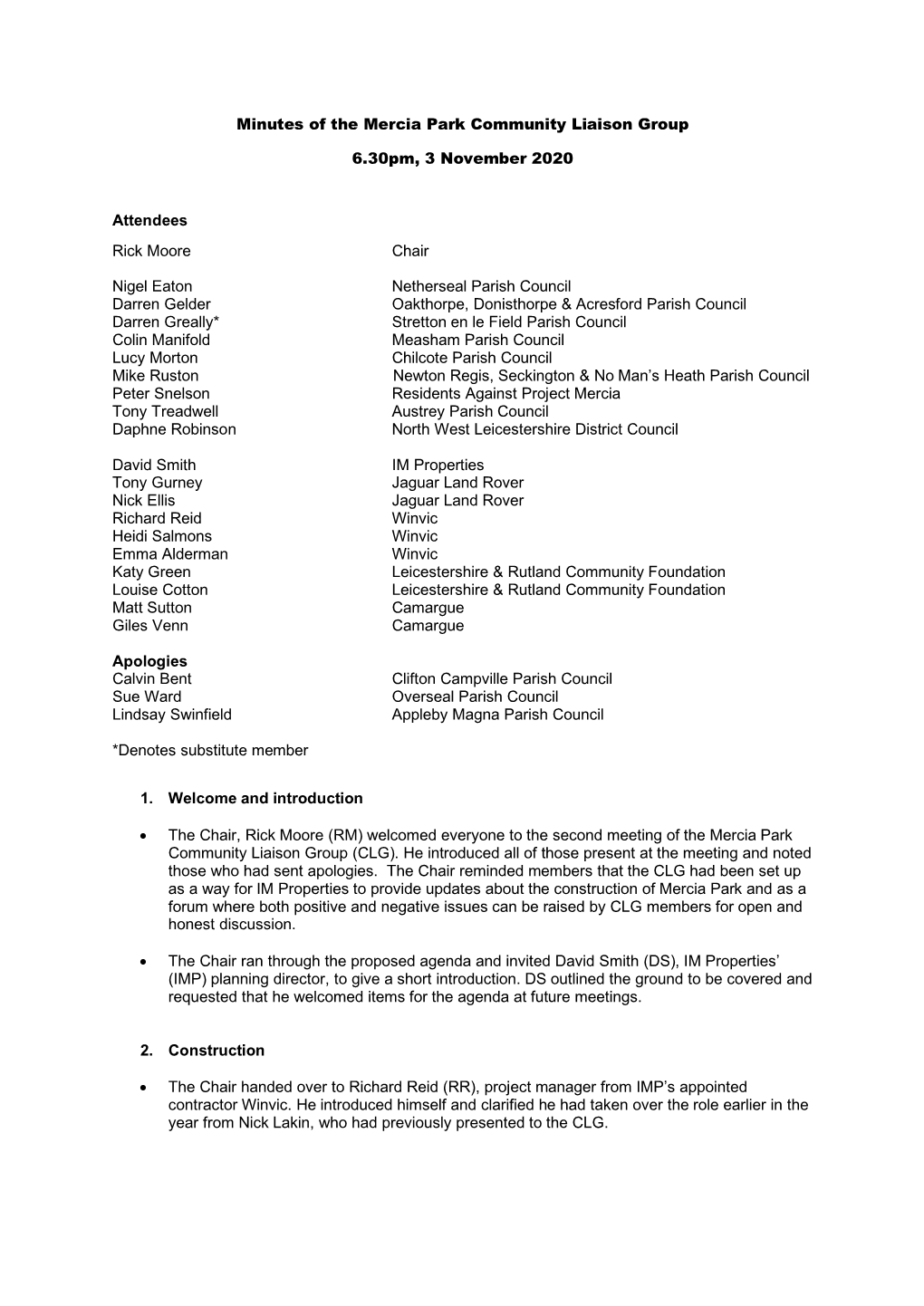Minutes of Mercia Park Community Liaison Group 3 November 2020.Pdf