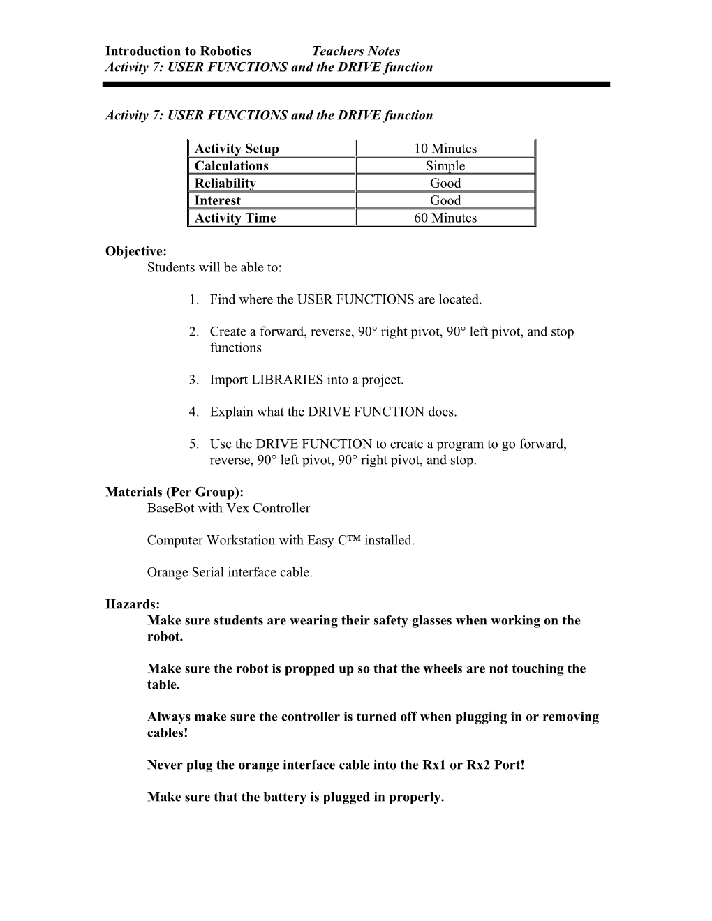 Activity 7: USER FUNCTIONS and the DRIVE Function