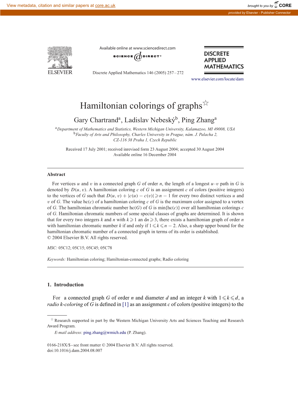 Hamiltonian Colorings of Graphs