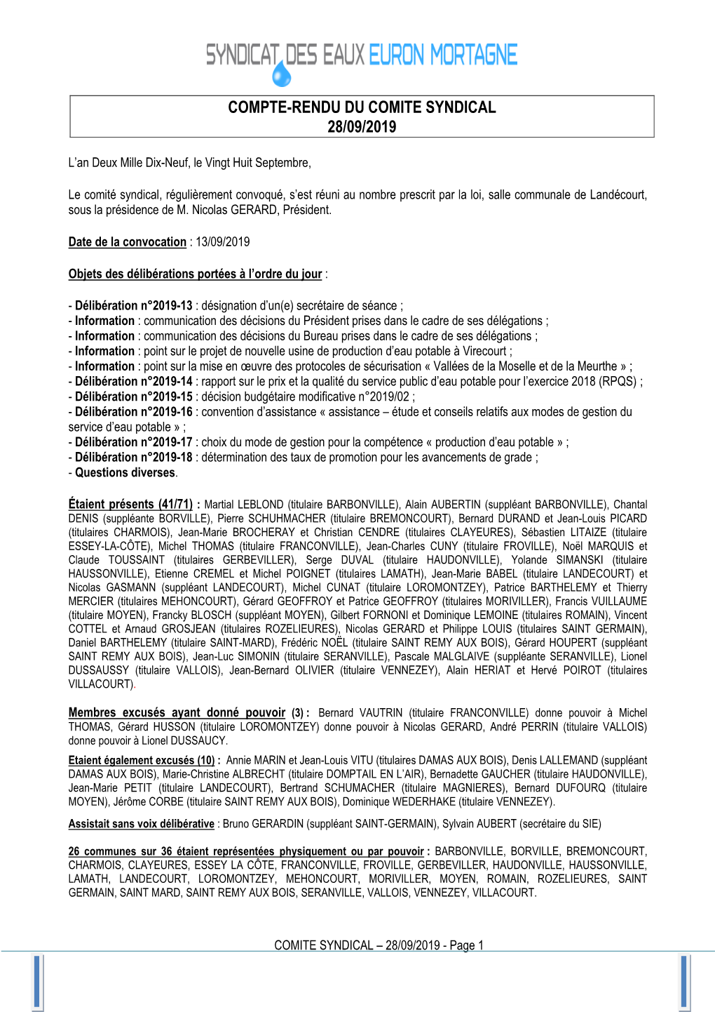 Compte-Rendu Du Comite Syndical 28/09/2019