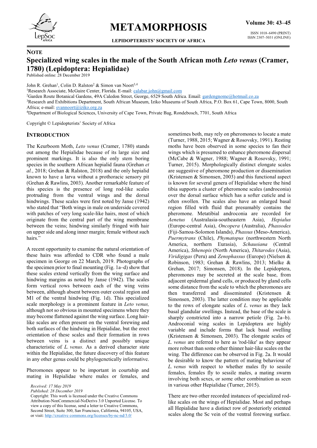 Metamorphosis Issn 1018–6490 (Print) Issn 2307–5031 (Online) Lepidopterists’ Society of Africa