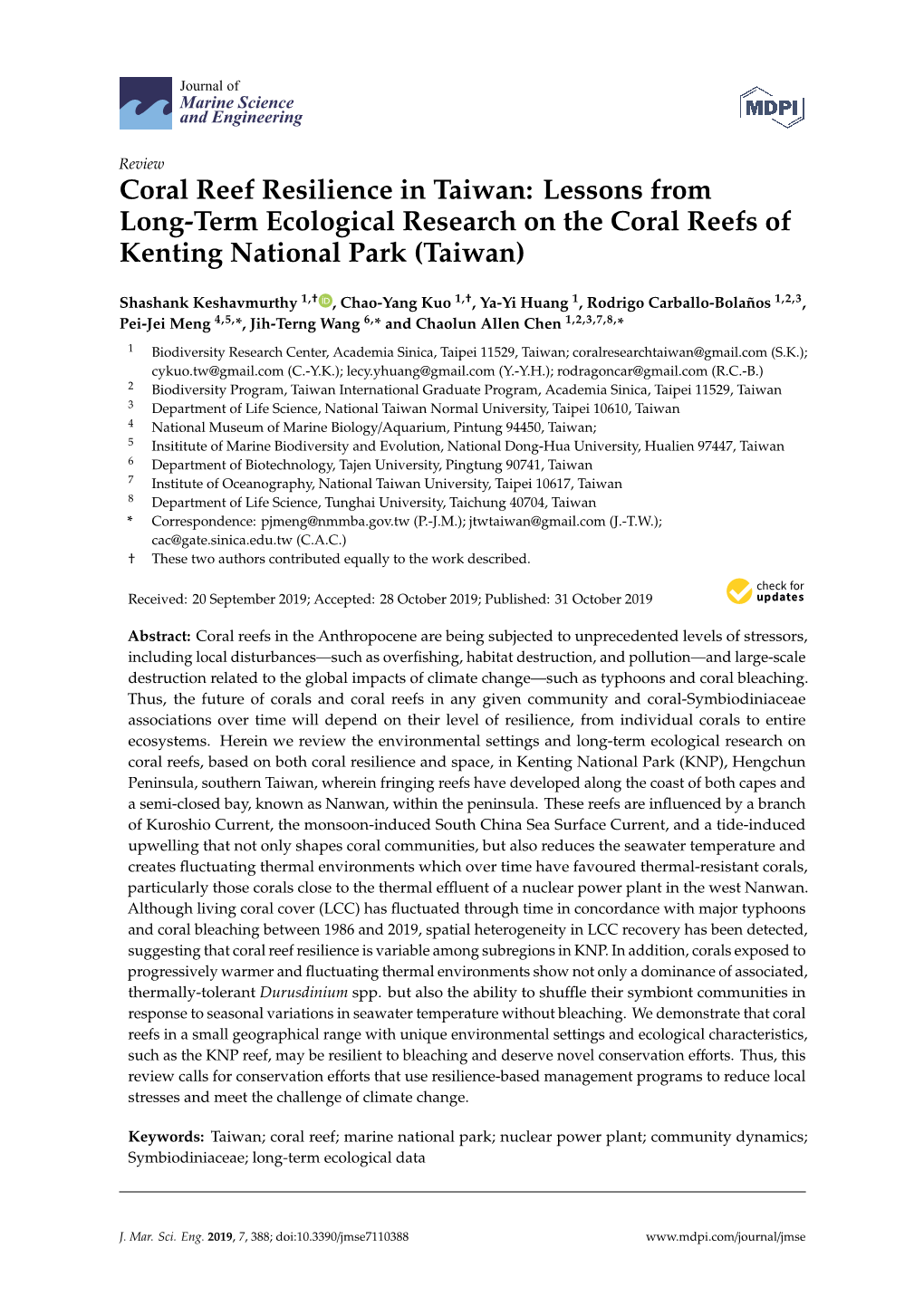 Coral Reef Resilience in Taiwan: Lessons from Long-Term Ecological Research on the Coral Reefs of Kenting National Park (Taiwan)