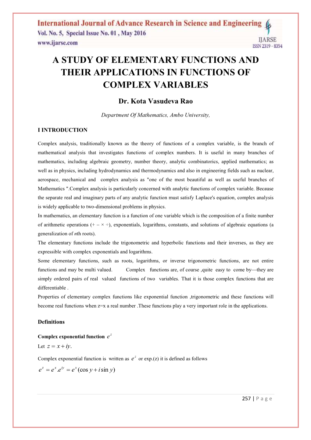 A Study of Elementary Functions and Their Applications in Functions of Complex Variables
