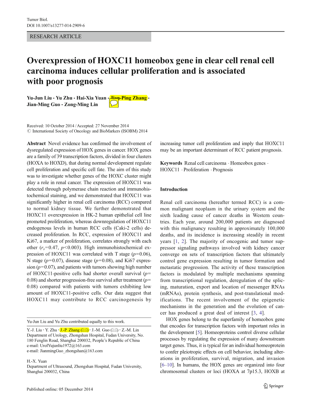 Overexpression of HOXC11 Homeobox Gene in Clear Cell Renal Cell Carcinoma Induces Cellular Proliferation and Is Associated with Poor Prognosis