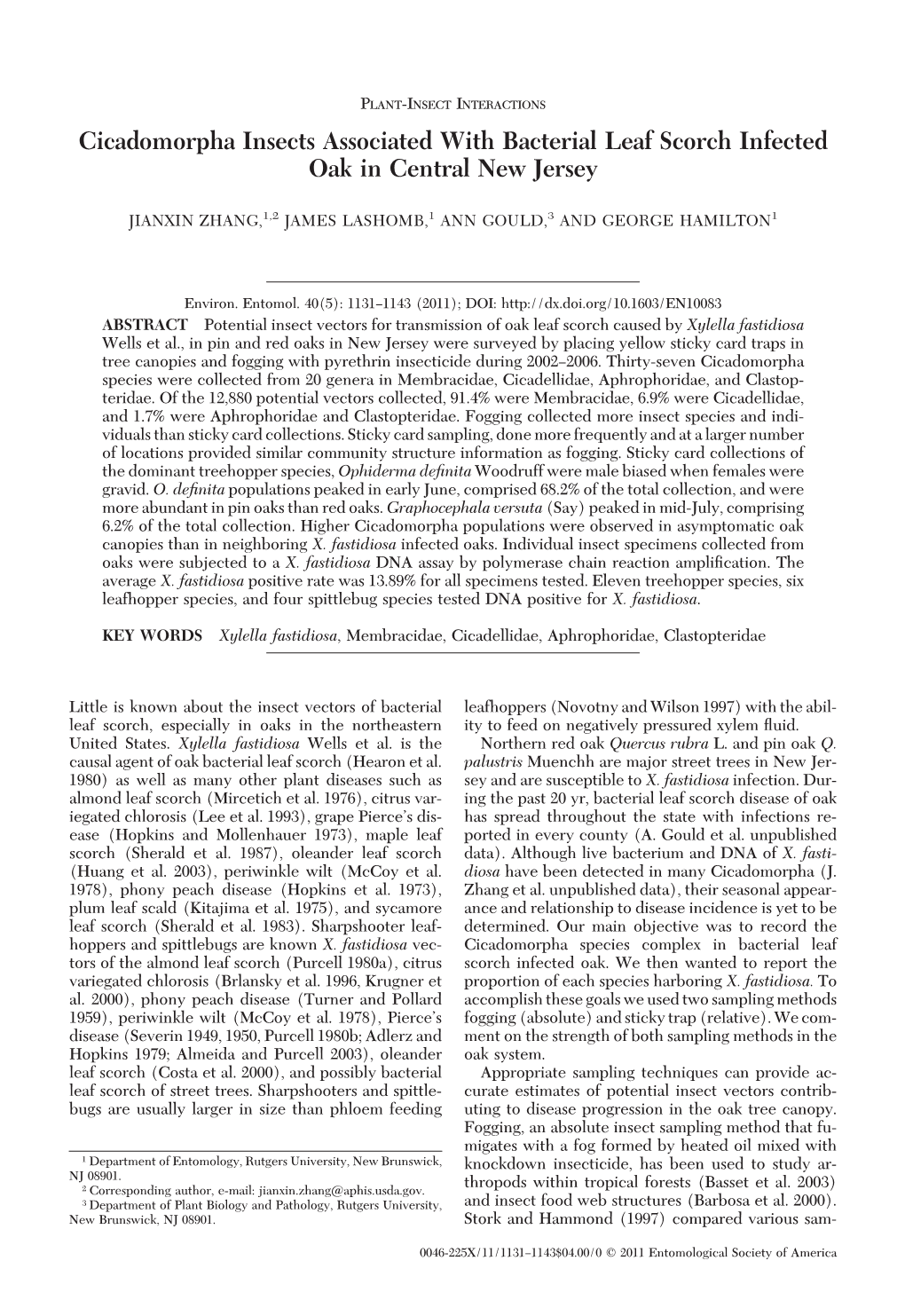 Cicadomorpha Insects Associated with Bacterial Leaf Scorch Infected Oak in Central New Jersey