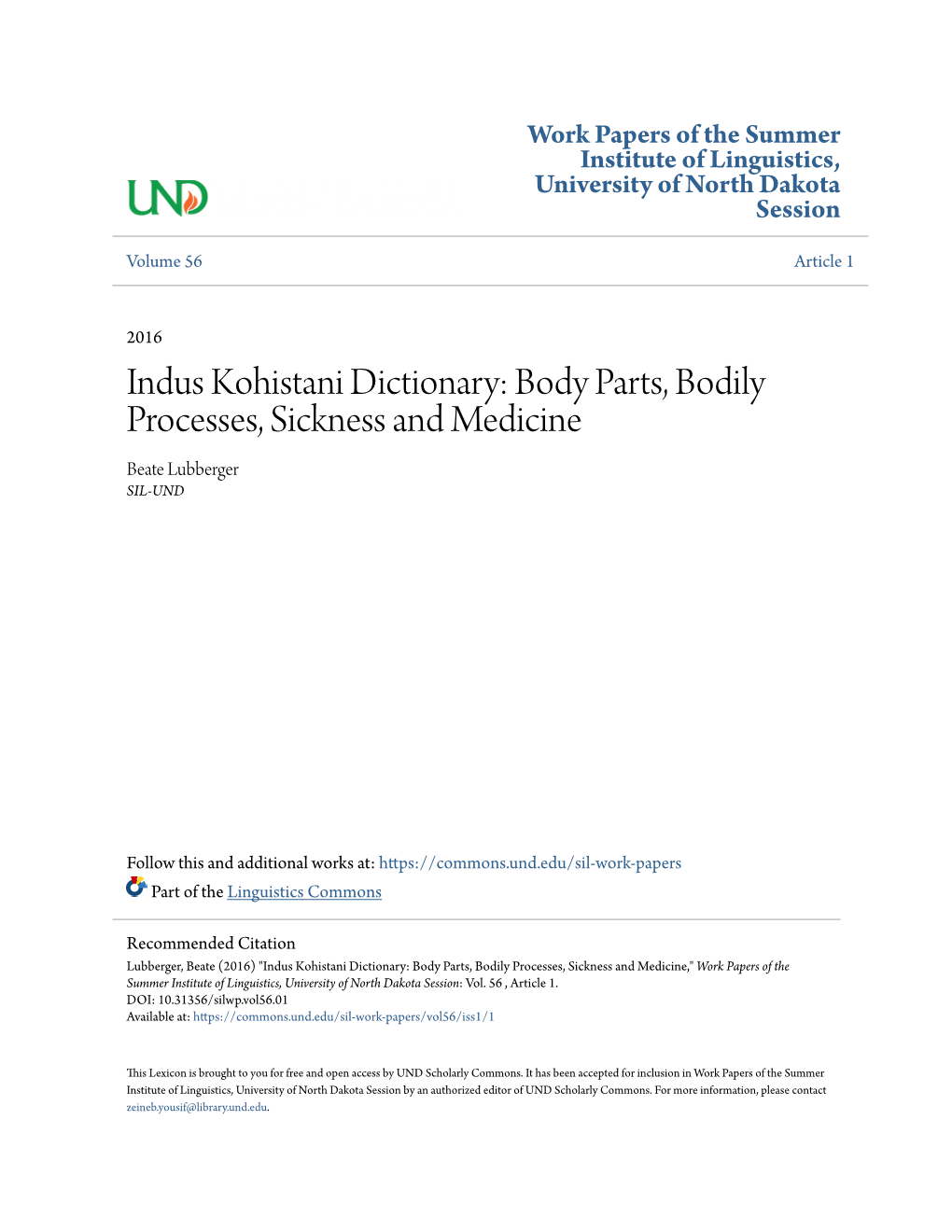 Indus Kohistani Dictionary: Body Parts, Bodily Processes, Sickness and Medicine Beate Lubberger SIL-UND