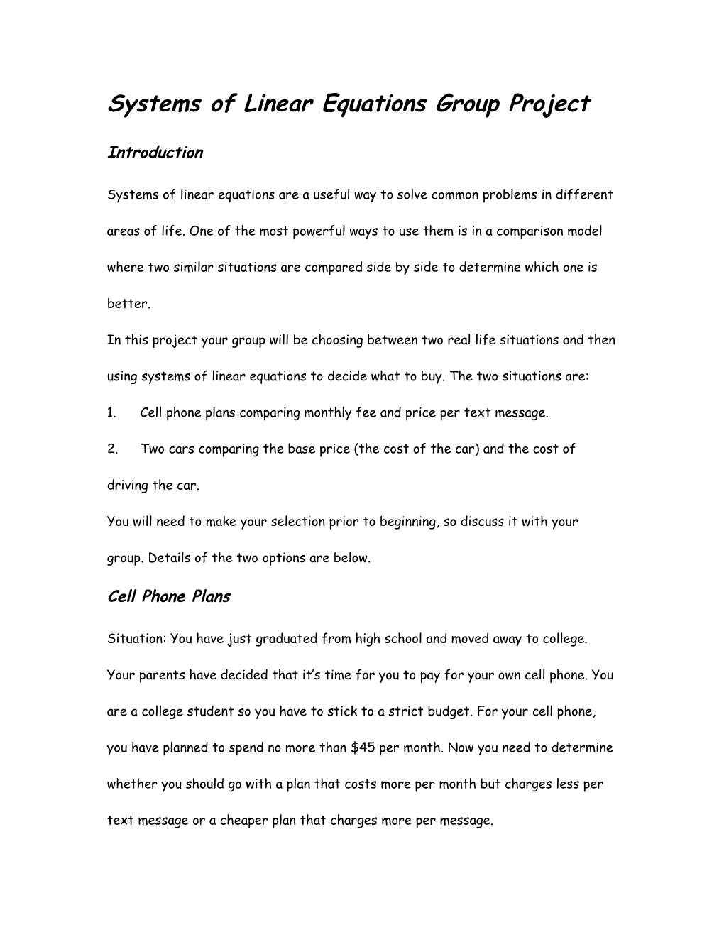 Systems of Linear Equations Group Project Introduction