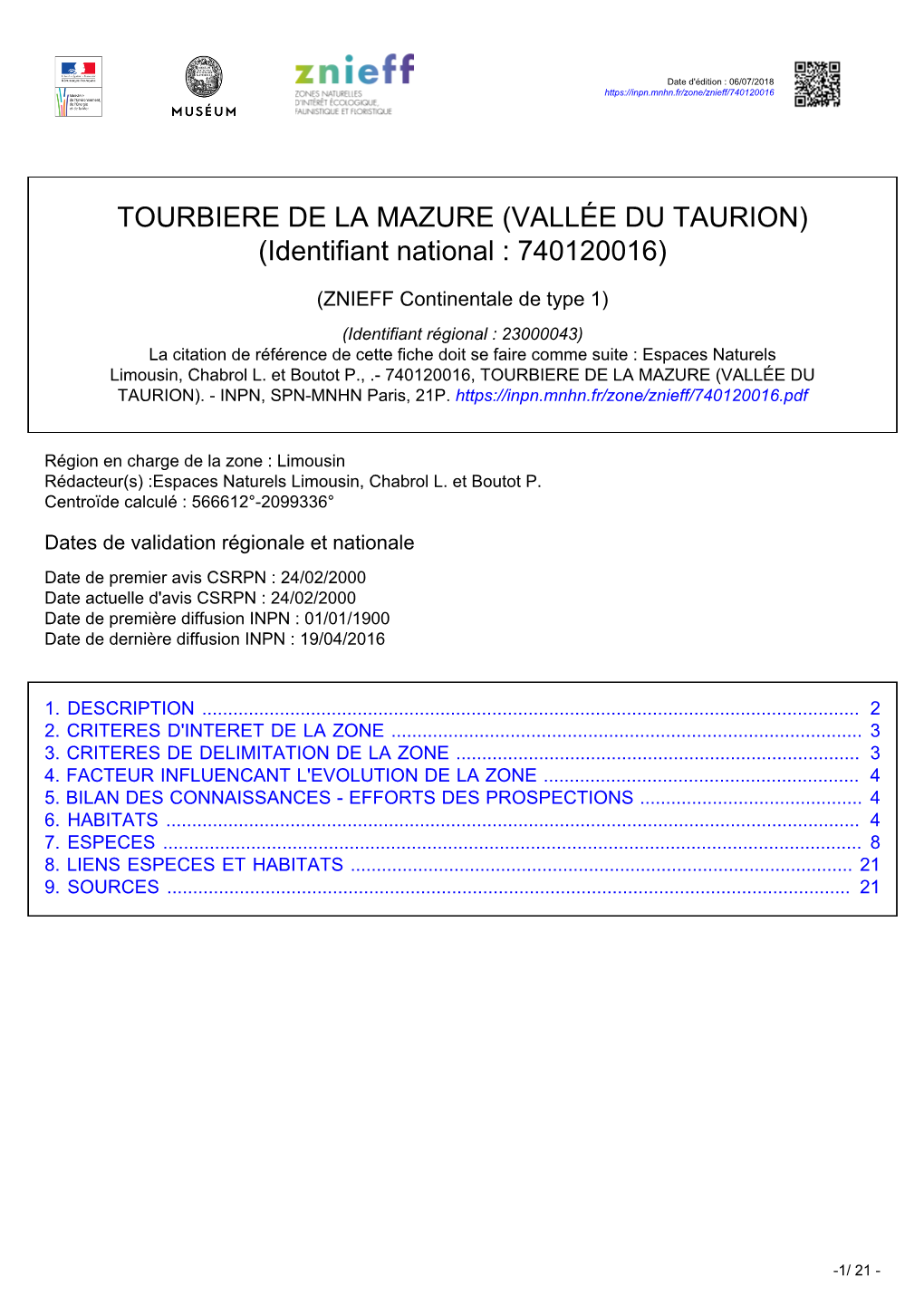 TOURBIERE DE LA MAZURE (VALLÉE DU TAURION) (Identifiant National : 740120016)