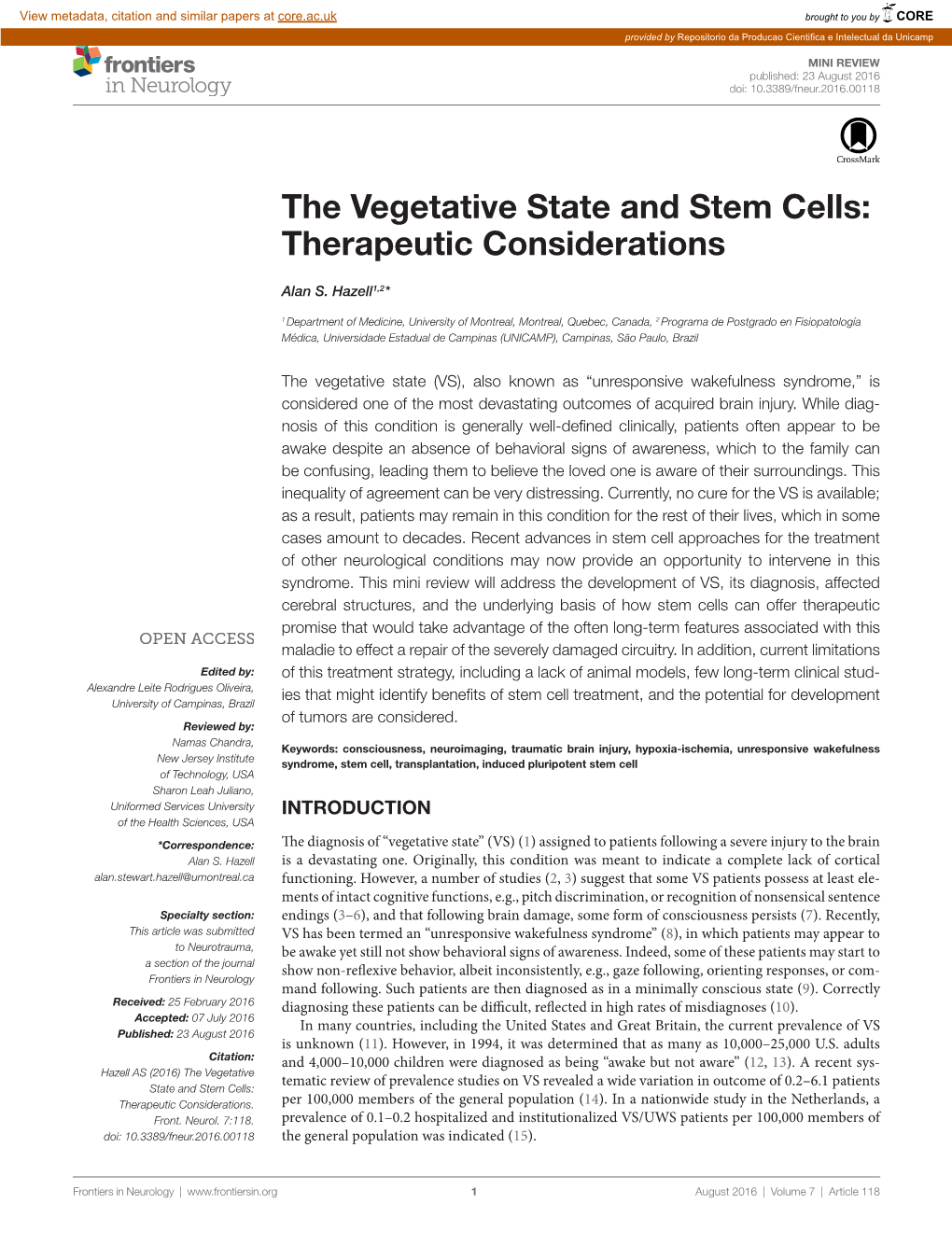 The Vegetative State and Stem Cells: Therapeutic Considerations