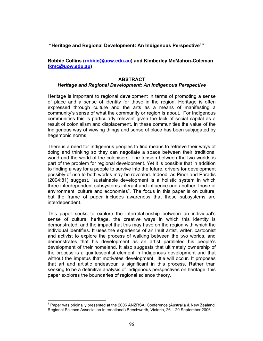 Heritage and Regional Development: an Indigenous Perspective1”