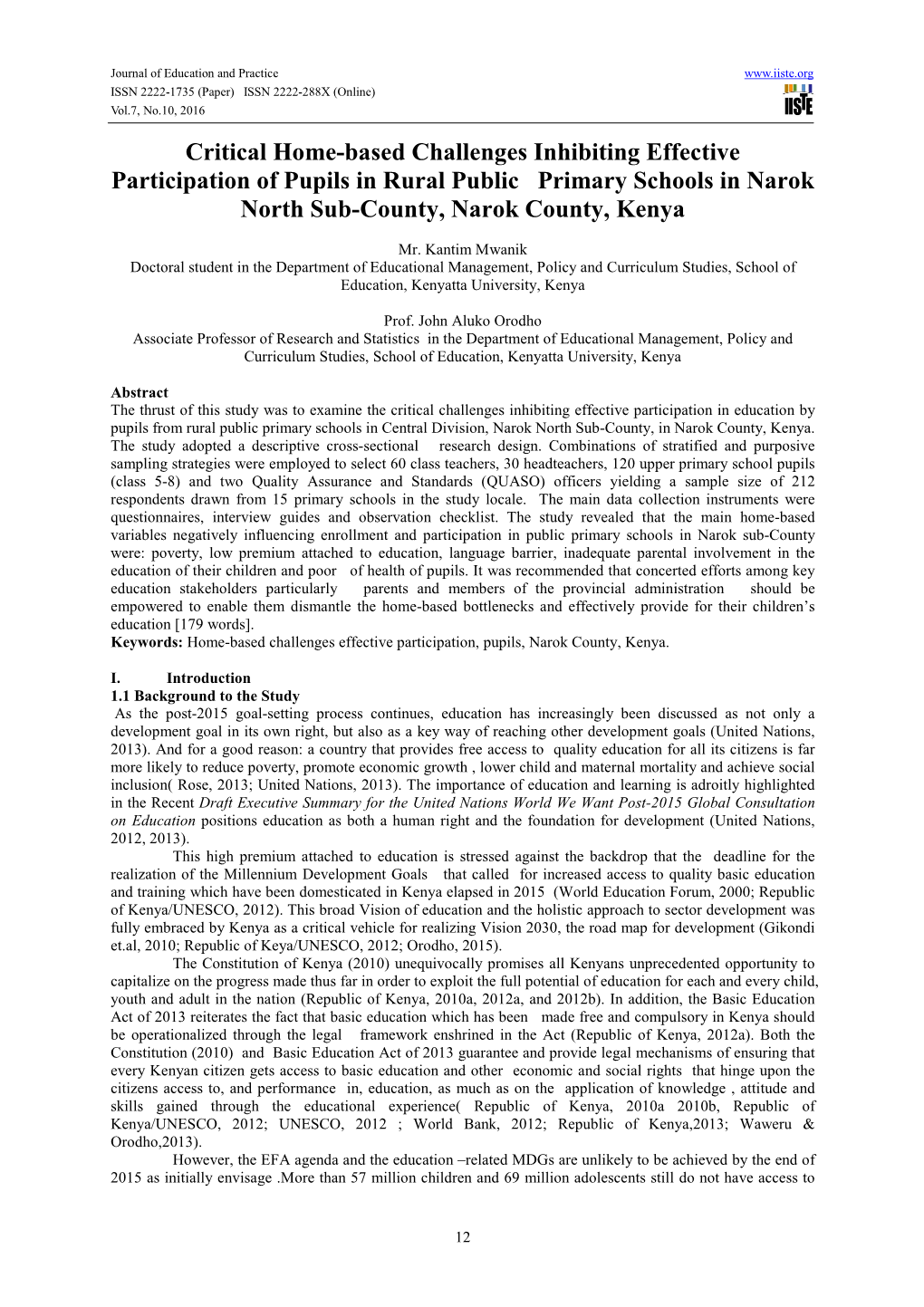 Critical Home-Based Challenges Inhibiting Effective Participation of Pupils in Rural Public Primary Schools in Narok North Sub-County, Narok County, Kenya