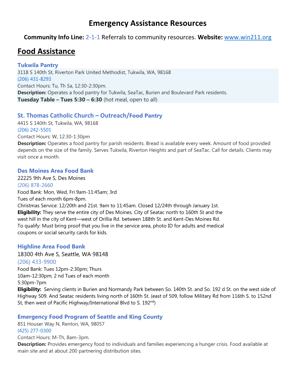 Emergency Assistance Resources Food Assistance