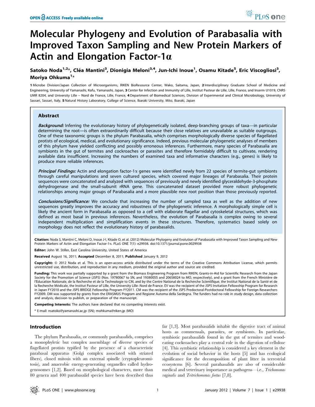 Molecular Phylogeny and Evolution of Parabasalia with Improved Taxon Sampling and New Protein Markers of Actin and Elongation Factor-1A