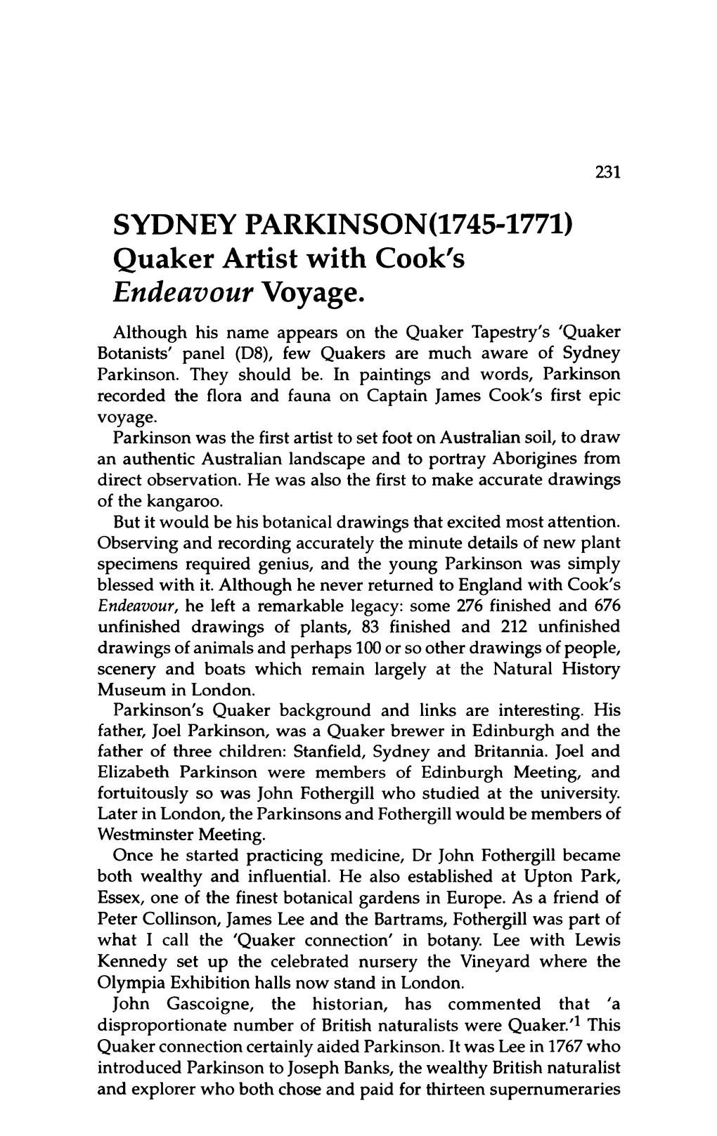 SYDNEY PARKINSON(1745-1771) Quaker Artist with Cook's Endeavour Voyage